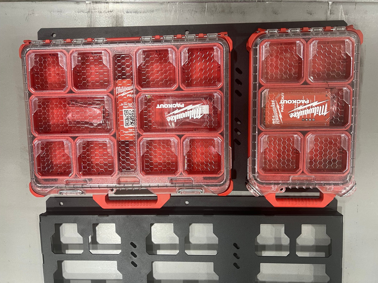 Milwaukee aluminum version   Packout Mounting Plate, 1/8th thick laser cut, organizer. 3 version, one large, one small. 1 full, 1 half