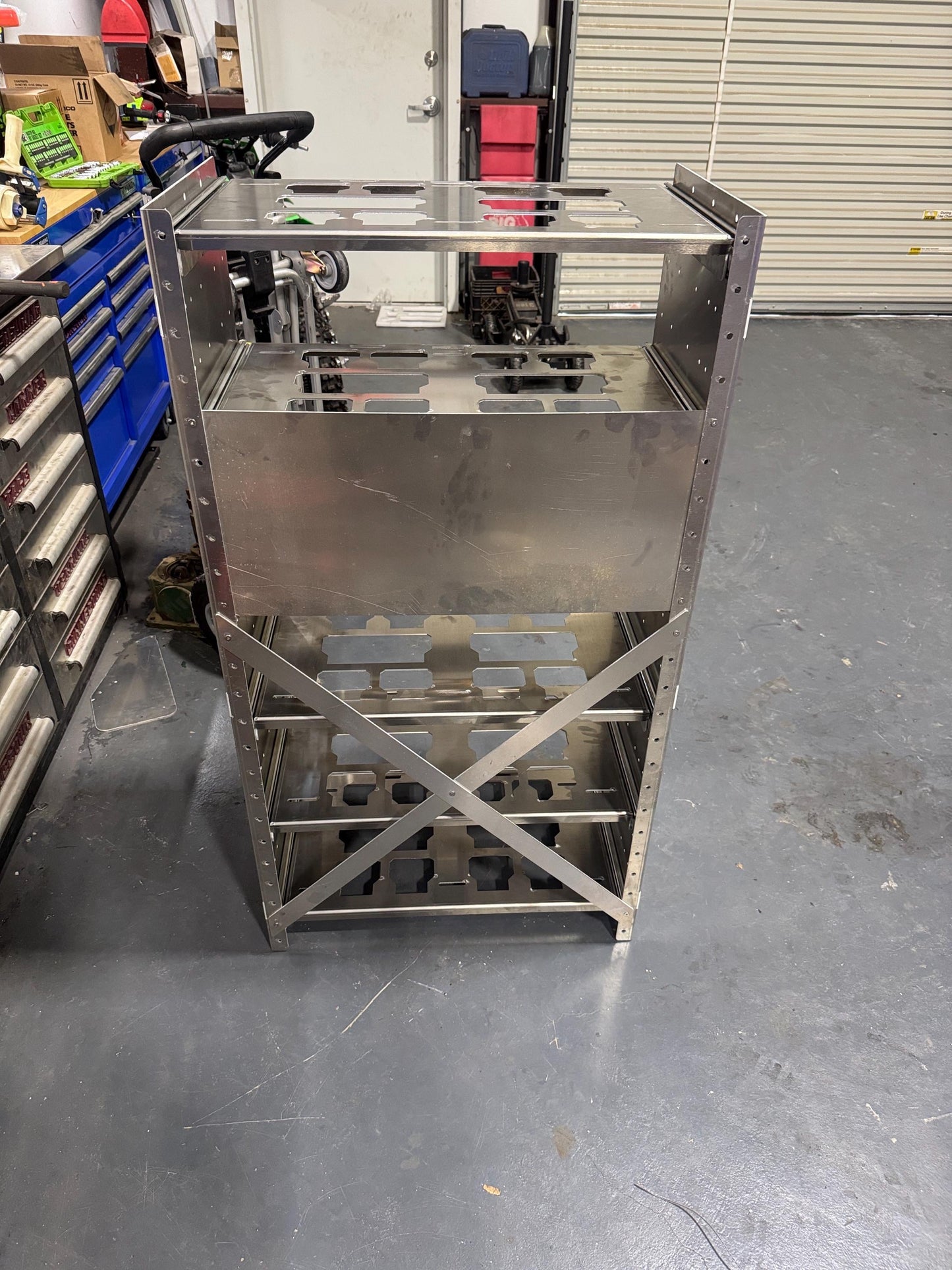 The Slider. Draw slider. Locking.   Milwaukee packout shelf rack system full size tool box, railing version