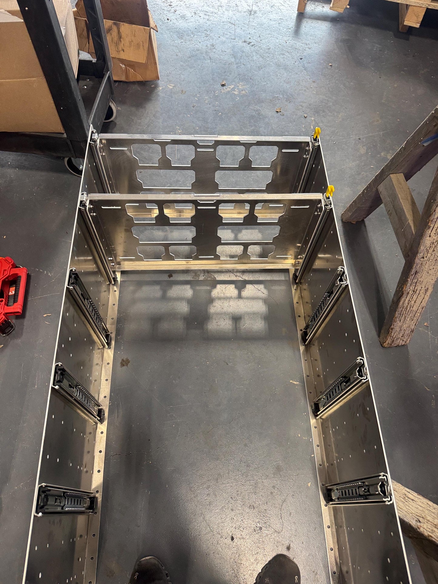 The Slider. Draw slider. Locking.   Milwaukee packout shelf rack system full size tool box, railing version