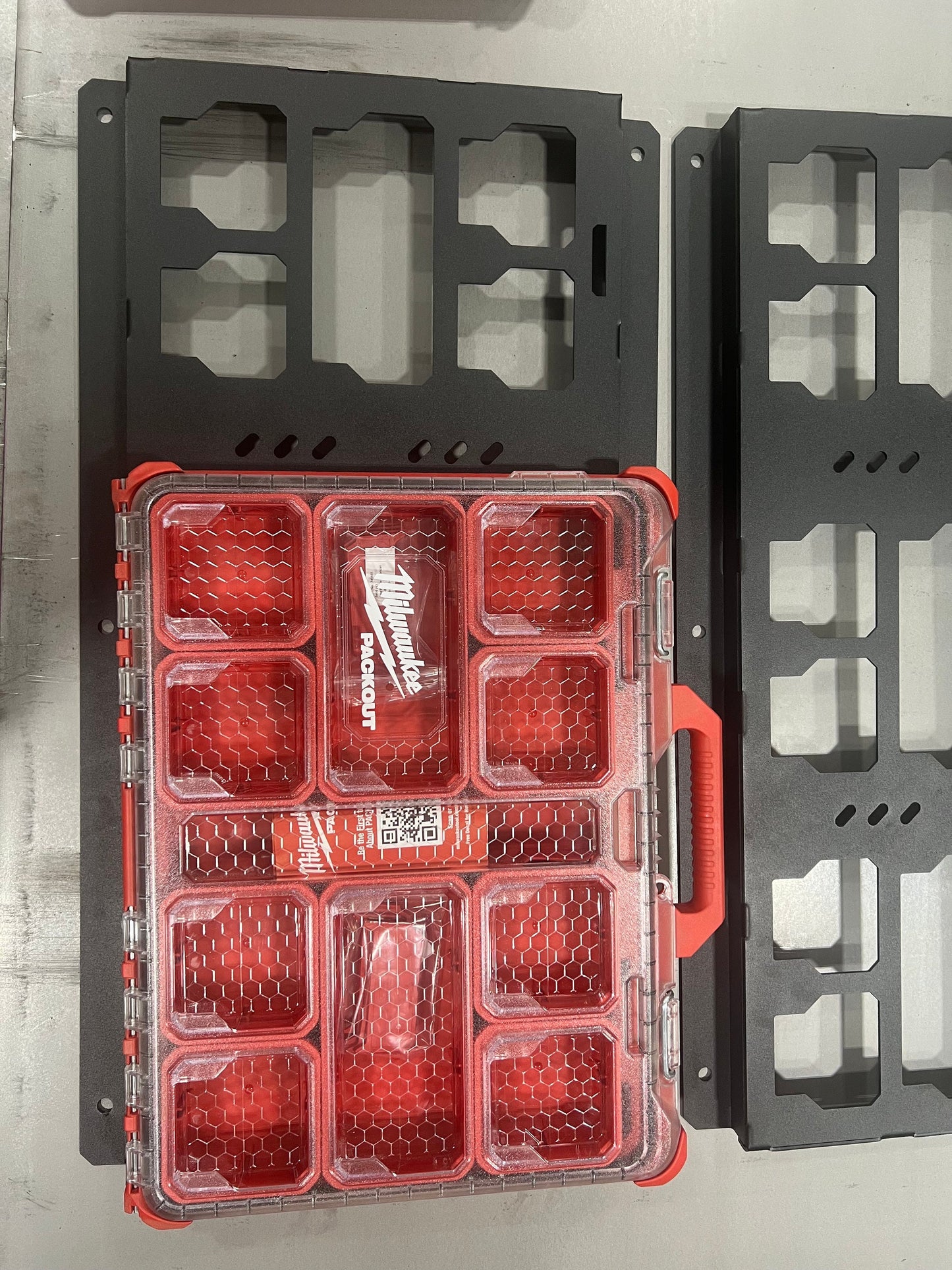 Milwaukee aluminum version   Packout Mounting Plate, 1/8th thick laser cut, organizer. 3 version, one large, one small. 1 full, 1 half