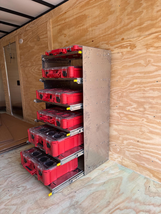 The Slider. Draw slider. Locking.   Milwaukee packout shelf rack system full size tool box, railing version