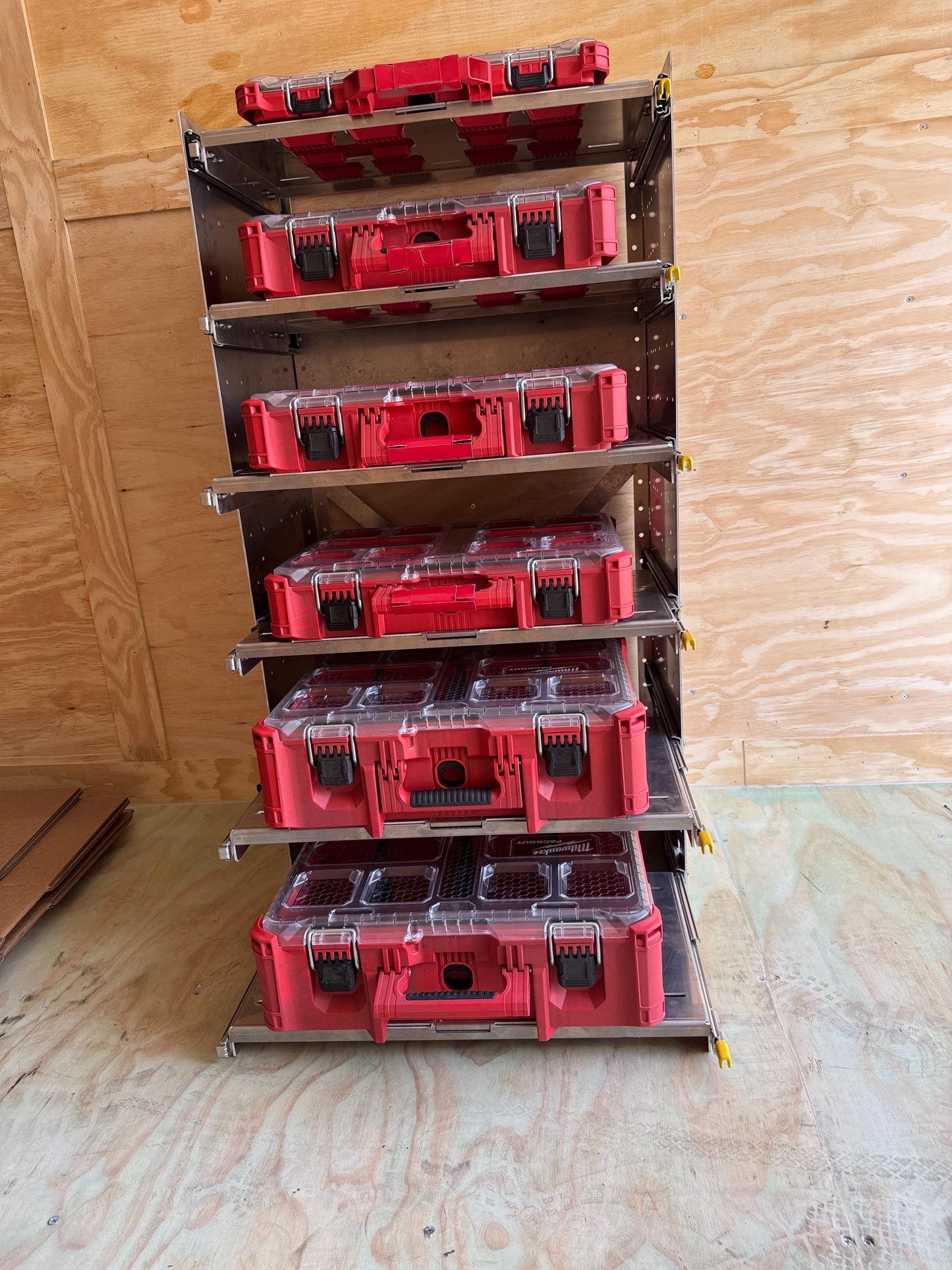 The Slider. Draw slider. Locking.   Milwaukee packout shelf rack system full size tool box, railing version
