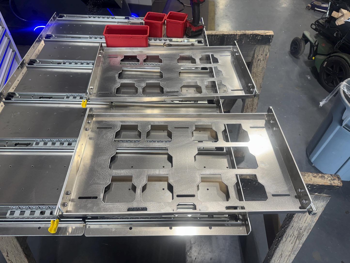 The Slider. Draw slider. Locking.   Milwaukee packout shelf rack system full size tool box, railing version