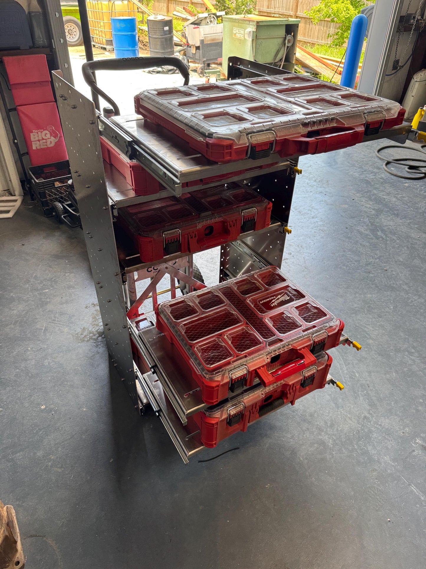 The Slider. Draw slider. Locking.   Milwaukee packout shelf rack system full size tool box, railing version
